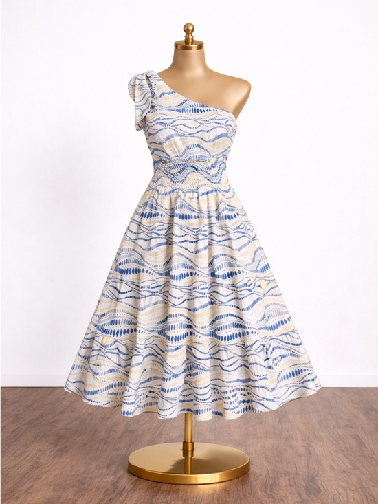SHEIN Dresses & Skirts - SHEIN One-Shoulder Blue and Cream Dress